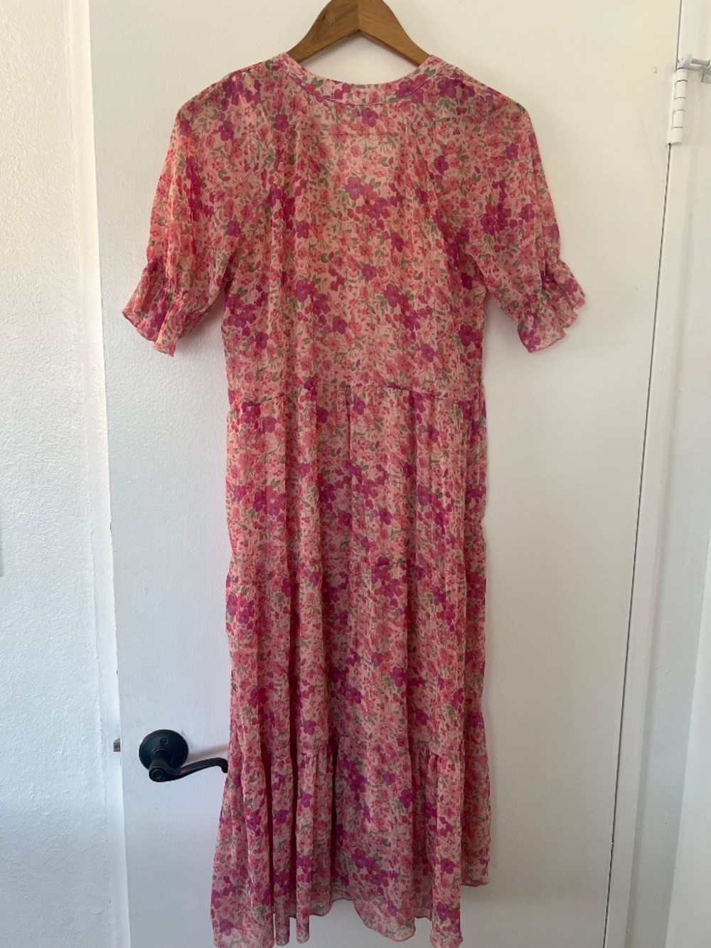 Signify Pink Floral Midi Dress Tiered Chiffon Puff Sleeve with Front Buttons - Picture 3 of 5